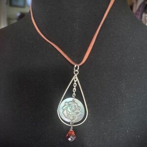 Silver Rose in a Teardrop Pendant Necklace w/ Red  on Leather Cord Adjustable